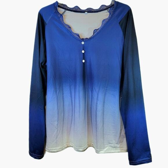 Jersey Knit Ombre Lace Shirt V-Neck Long Sleeve Pullover Tee Top Blue White - Picture 2 of 8